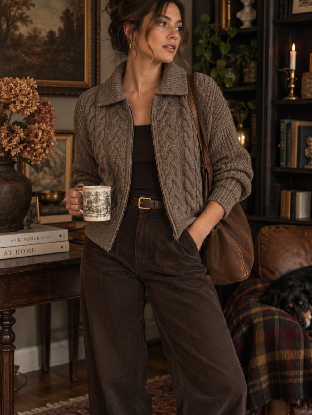 Banana Republic Perfectly Soft Cable Knit Zip Sweater Jacket Brown Medium